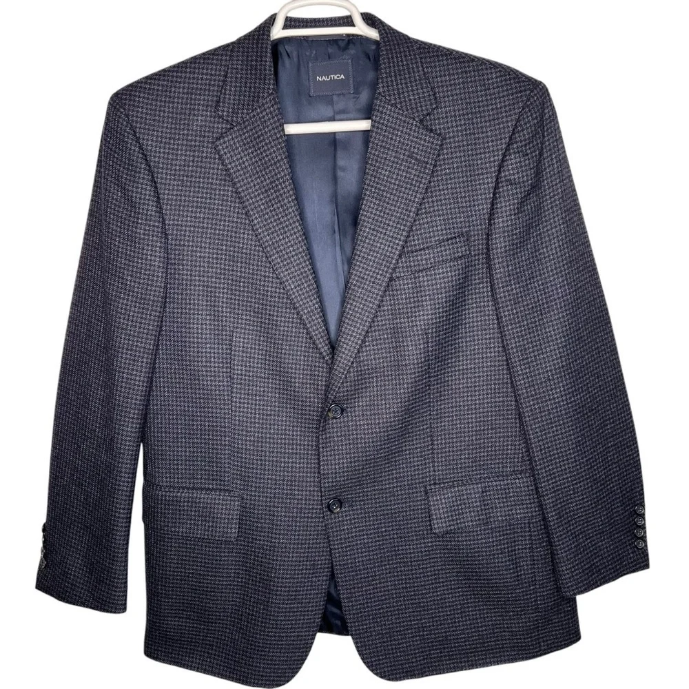 Nautica Blue Grey Houndstooth Lambswool Two Button Blazer Sport Coat Size 42 R